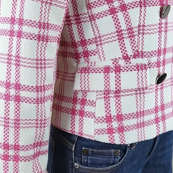 Rachel Zoe Hot Pink and White Tweed Plaid Double Breasted Jacket Blazer - Picture 7 of 16